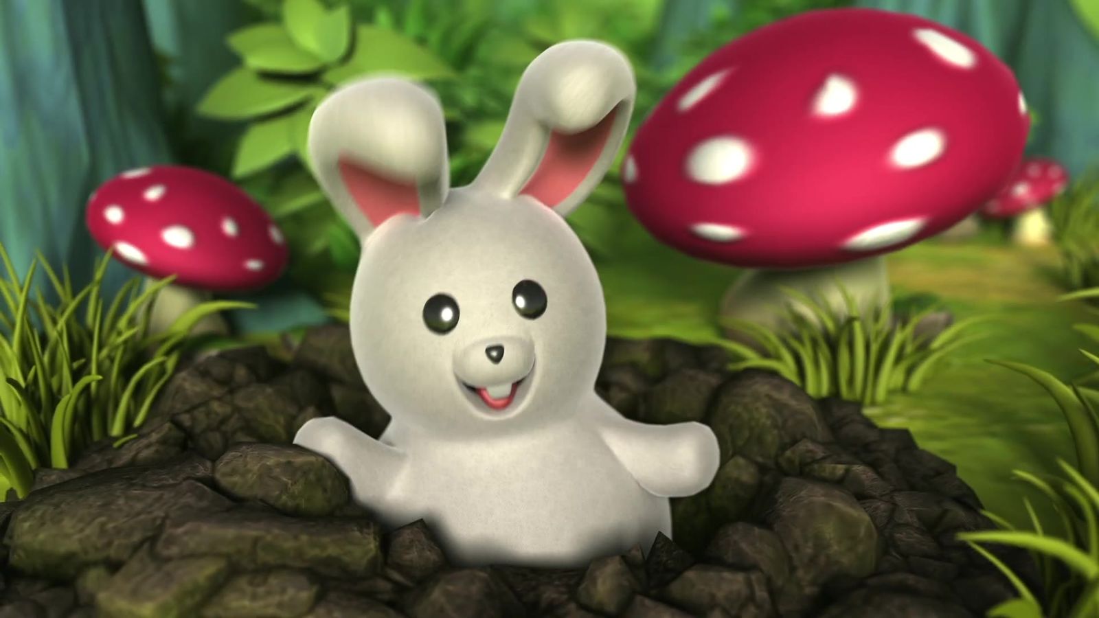 White animated rabbit among red mushrooms in the SmartGames Jump In woodland world